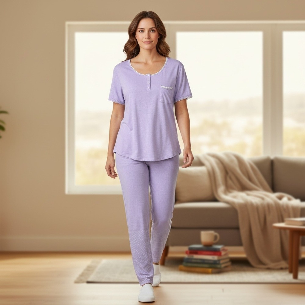 Nicole Miller New York Womens Henley Pajama Top Lavender Purple Lace Trim XL